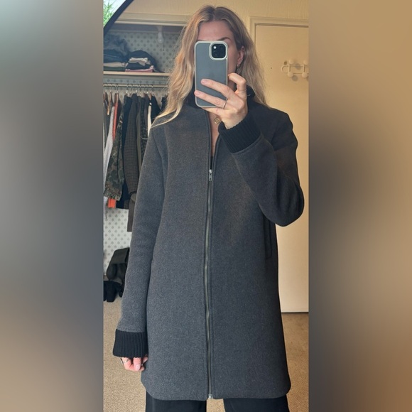 Oak + Fort Grey Black Ribbed Cuff Wool Knit Zip Up Bomber Peacoat Jacket Coat - Picture 5 of 13